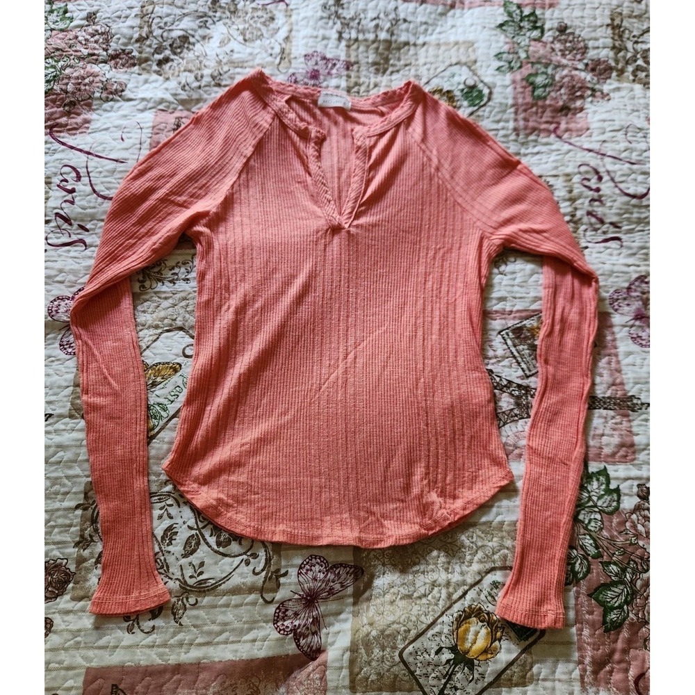 MOTHER Women's Top Long Sleeve Round V-Neck Lyocell Cotton Peach Size‎ XS